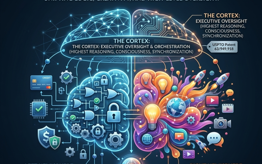 Diagram visualizing the Titan Phoenix Tripartite AI Brain architecture. It shows the executive Cortex providing oversight, synchronizing the cool-toned Left Hemisphere (Constraint Engine) for technical logic and the warm-toned Right Hemisphere (Creative Engine) for creative problem-solving and scale, leading to Synchronized Autonomous Execution.